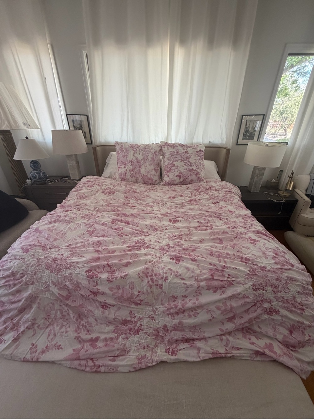 LoveShackFancy Pottery Barn Pink Floral Ruffled Comforter Set
